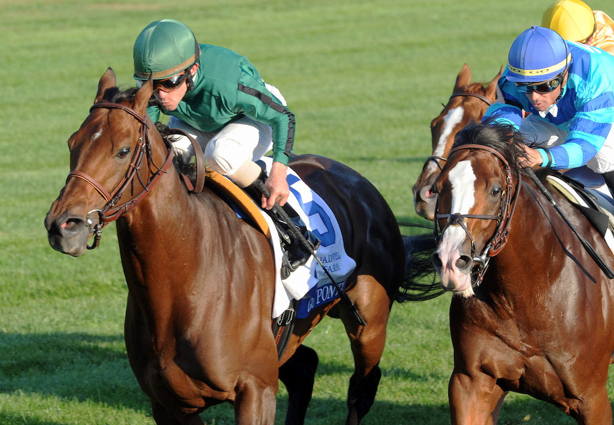 Gio Ponti comes on strong to win the 2010 Shadwell Turf Mile at Keeneland for his final victory. (Keeneland photo)