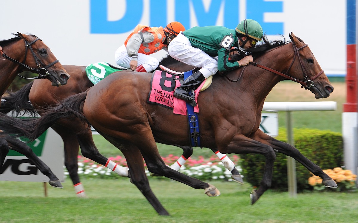 Up in time: Gio Ponti (Ramon Dominguez) wins a second straight Man o' War Stakes at Belmont Park. (Coglianese photo)