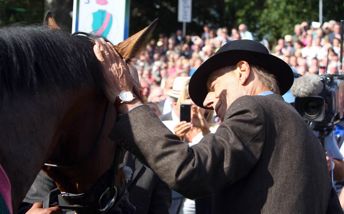 The late Sir Henry Cecil greets Frankel after his Juddmonte International success. Photo: Dan Abraham/focusonracing.com