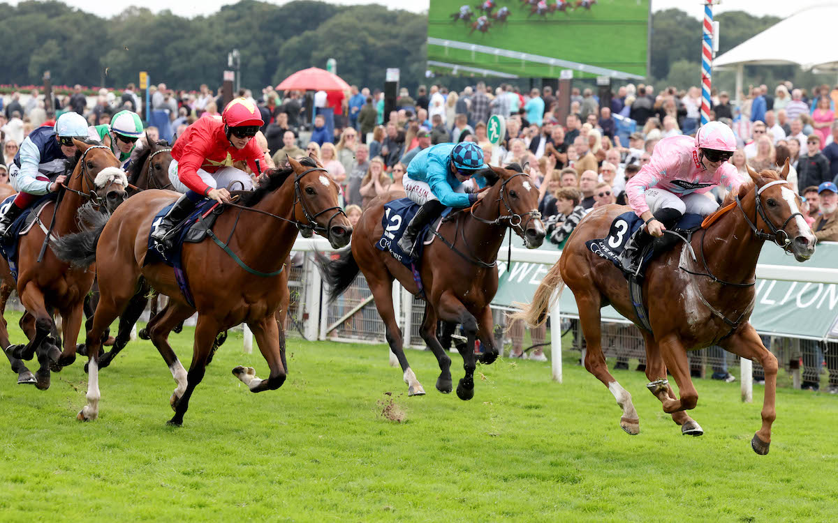 LIve In The Dream (pink silks) beats Highfield Princess to win the Nunthorpe. Photo: Dan Abraham / focusonracing.com