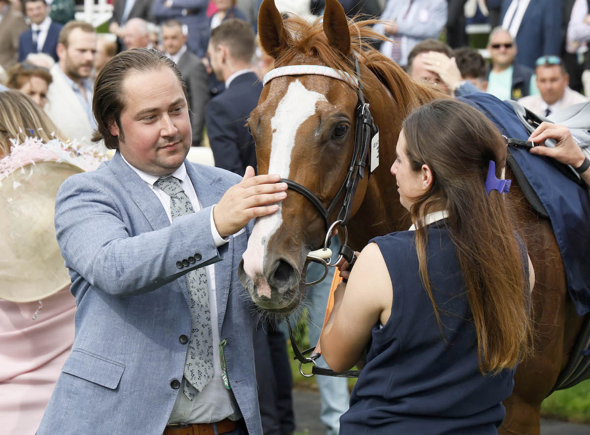 Breeders’ Cup bound: trainer Adam West and Live In The Dream after the Nunthorpe. Photo: Dan Abraham / focusonracing.com