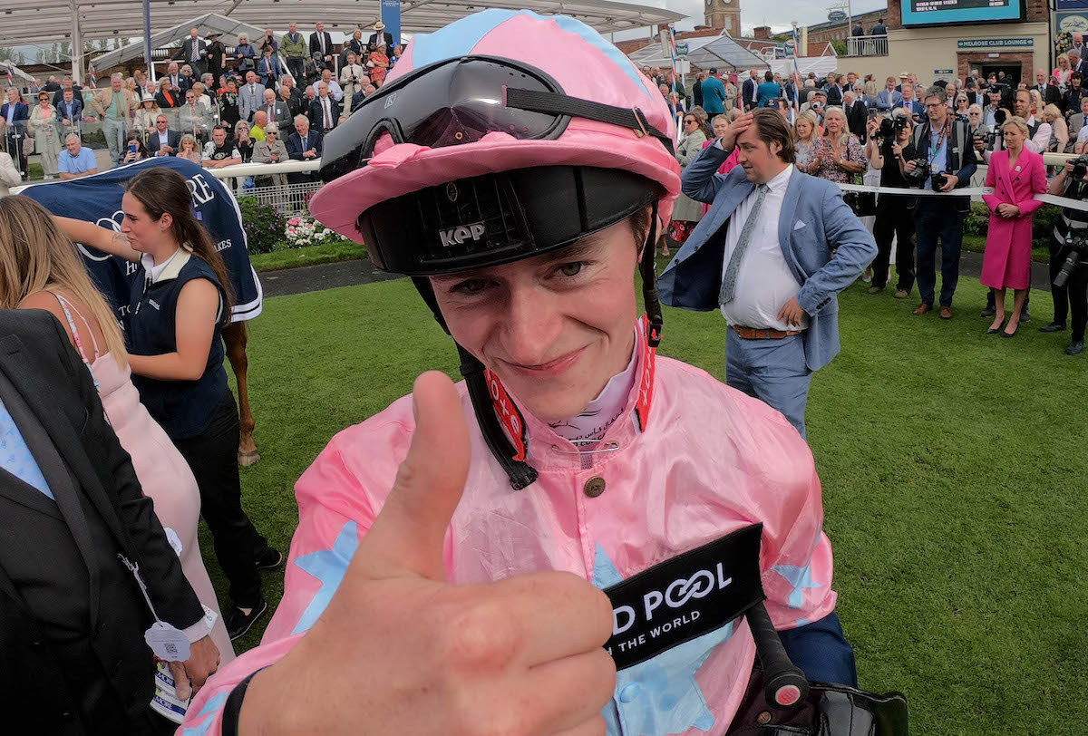 Thumbs up from apprentice Sean Kirrane after a surprise win. Photo: Dan Abraham / focusonracing.com