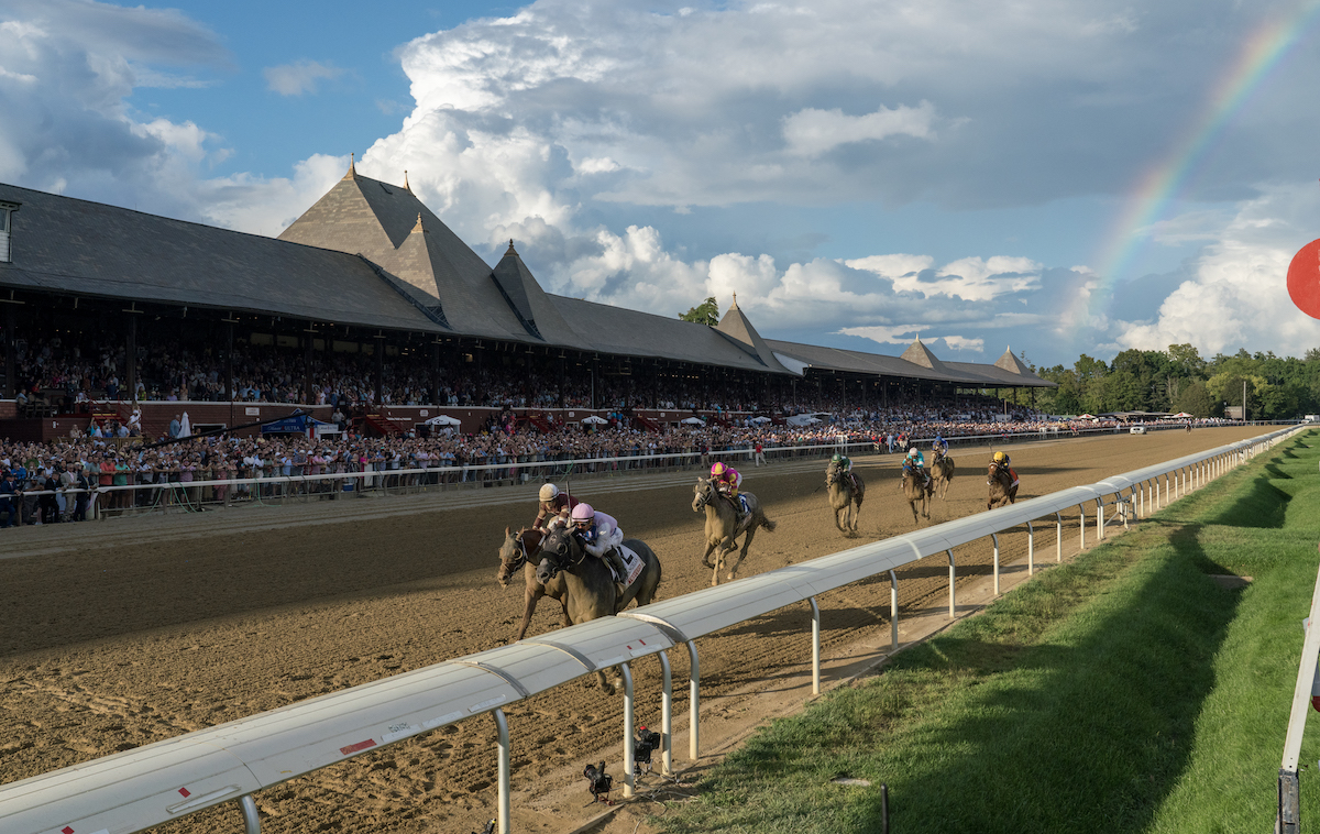 Down the Saratoga stretch: Arcangelo (Javier Castellano) holds off Disarm to win the Travers Stakes. Photo: NYRA/Valerie Wilson (Coglianese)