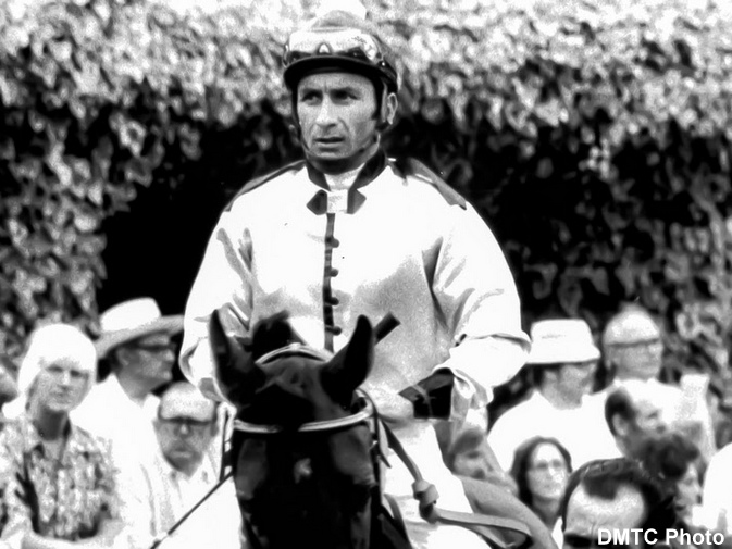 Fernando Toro on stakes filly Lucky Spell in the paddock at Del Mar in 1973. Photo: DMTC