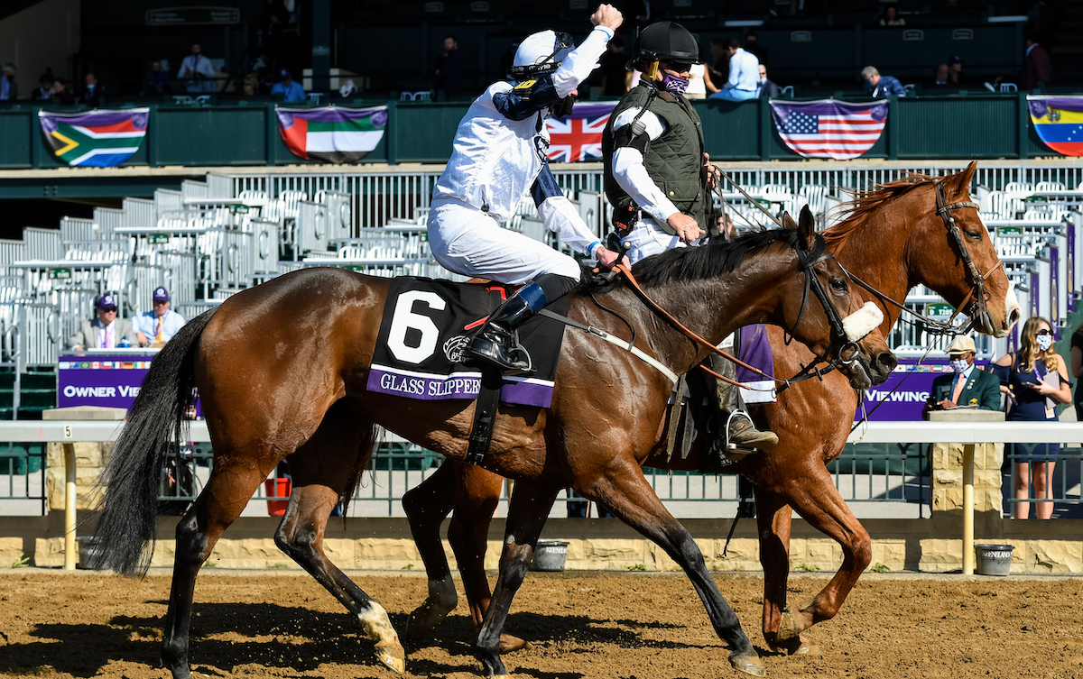 Tom Eaves punches the Keeneland air after winning the Breeders’ Cup Turf Sprint on Glass Slippers. Photo: Jessica Morgan/Breeders’ Cup/Eclipse Sportswire/CSM