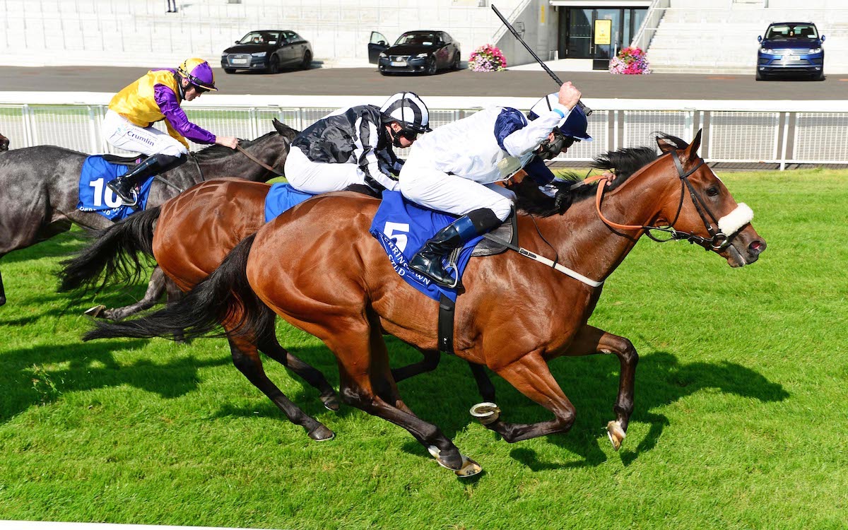 Flying home: Glass Slippers (Tom Eaves, near side) beats Keep Busy and Sonaiyla to win the G1 Flying Five at The Curragh. Photo: Healy Racing / focusonracing.com