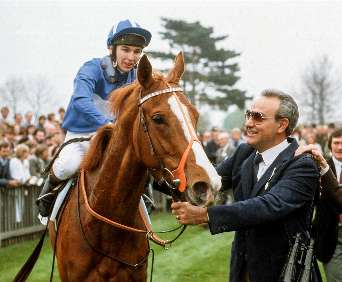 Classic heroine: Pebbles (Philip Robinson) with original owner Capt. Marcos Lemos after winning the 1,000 Guineas in 1984. Photo: Mark Cranham/focusonracing.com