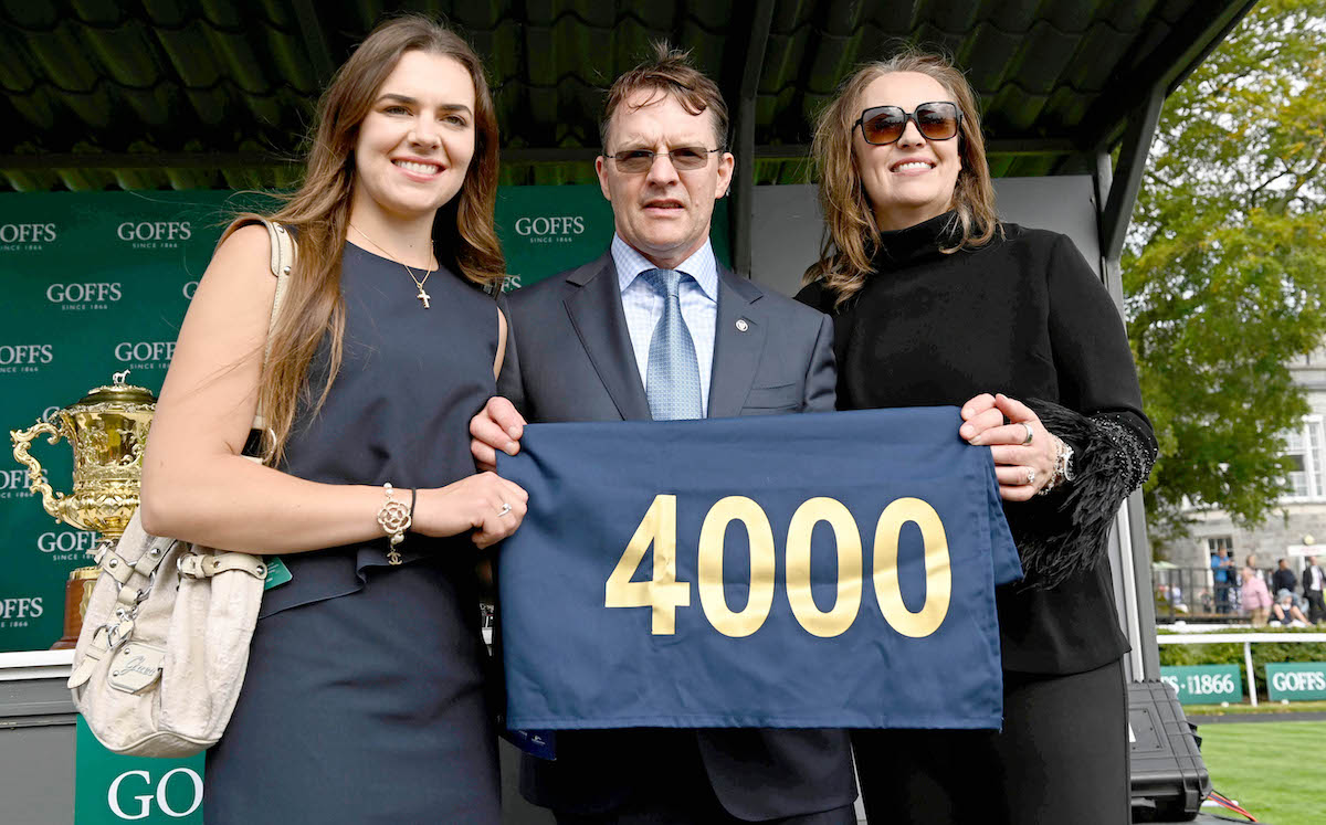 Aidan O'Brien with wife Ann Marie (right) and daughter Ana after 4,000th winner as a trainer at the Curragh on Sunday. Photo: Healy / focusonracing.com