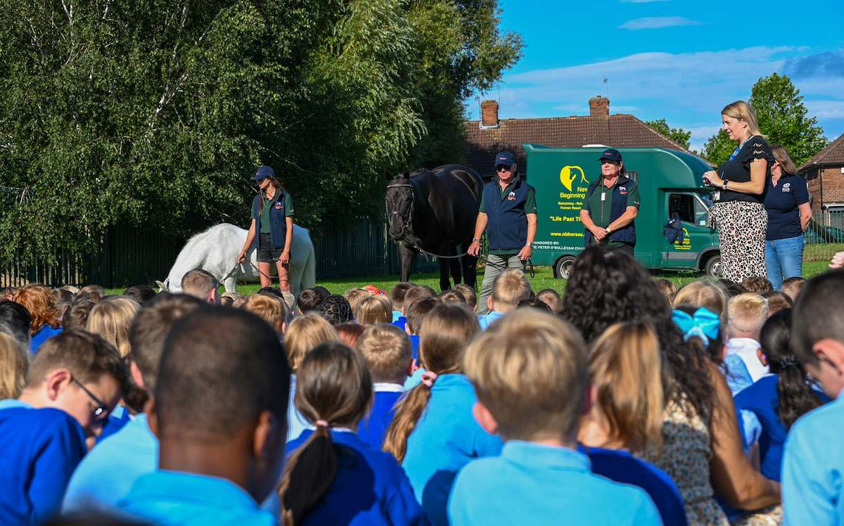Meet and greet: Goldream, known as ‘Remy’ to his friends, and companion Poppy the pony at Clifton Green Primary. Photo: York Racecourse