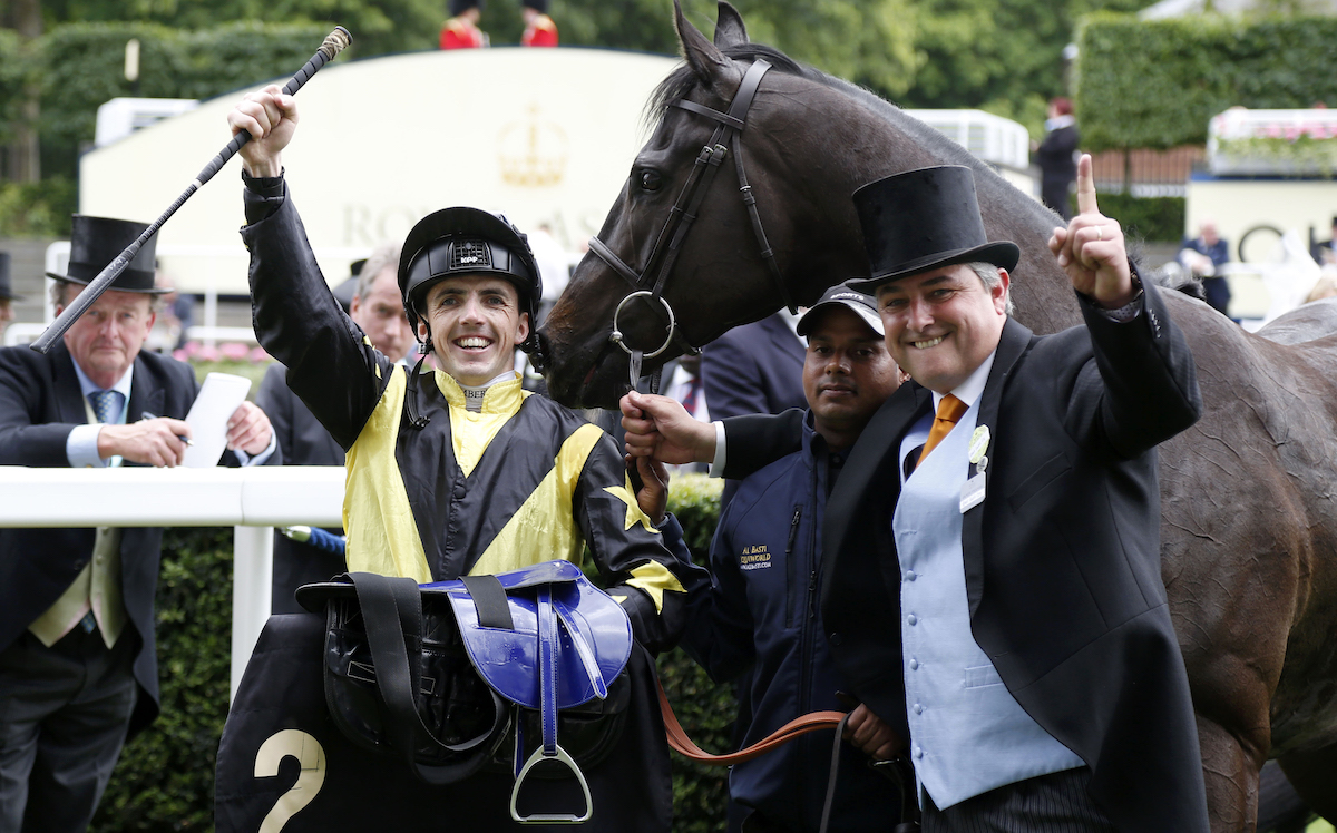 Former life: Goldream with jockey Martin Harley and trainer Robert Cowell after landing the King’s Stand Stakes at Royal Ascot in 2015. Photo: Dan Abraham / focusonracing.com