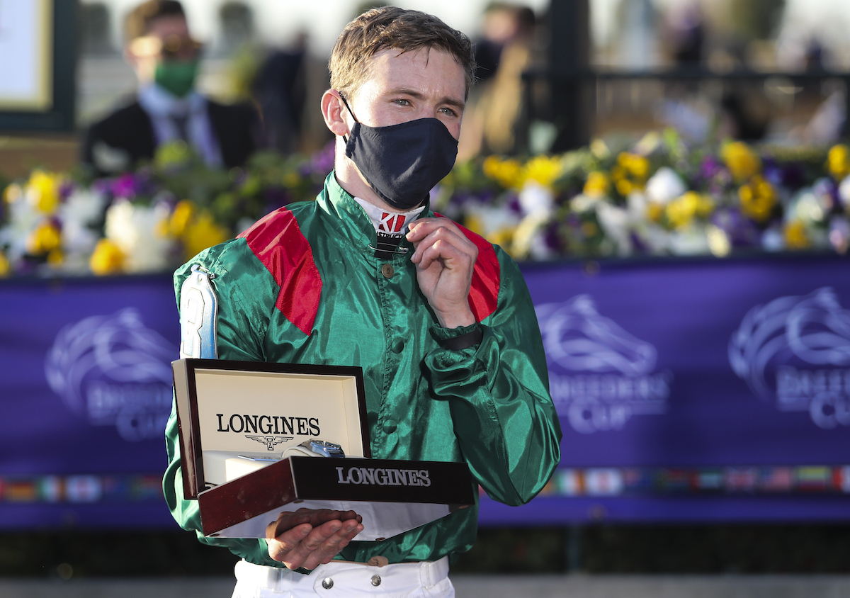 Colin Keane: Covid mask on for Keeneland presentations. Photo: Bill Denver/Breeders’ Cup/Eclipse Sportswire/CSM