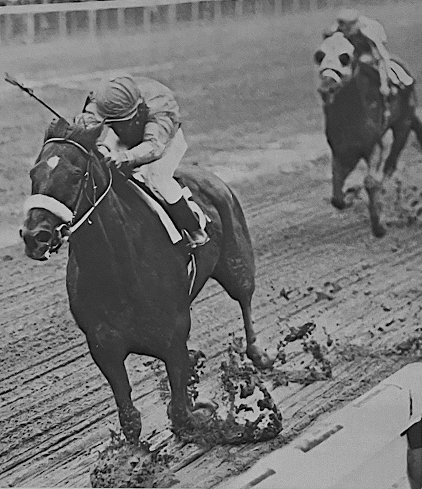 Giant killer: Prove Out (Jorge Velasquez) sloshes home in the mud from a below-par Secretariat in the 1973 Woodward Stakes. Photo: NYRA / Bob Coglianese