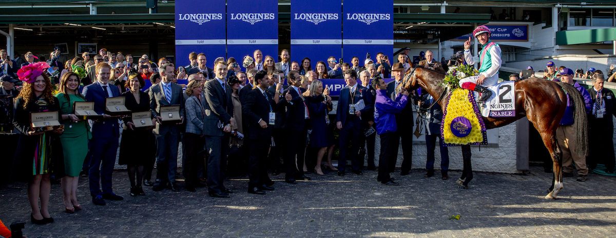 Smile for the cameras: Enable and connections after historic Arc/Breeders’ Cup double. Photo: Bill Denver/Eclipse Sportswire/CSM/Breeders' Cup