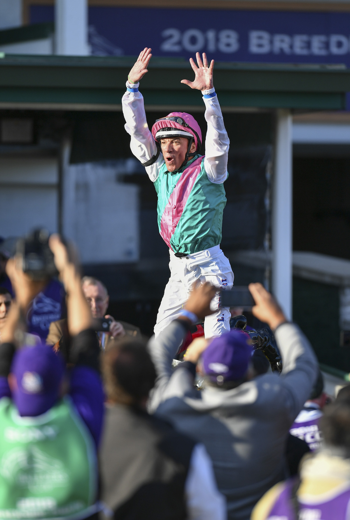 Frankie Dettori with the inevitable flying dismount after Enable completes the Arc/Breeders’ Cup double. Photo: Michael McInally/Eclipse Sportswire /Breeders' Cup