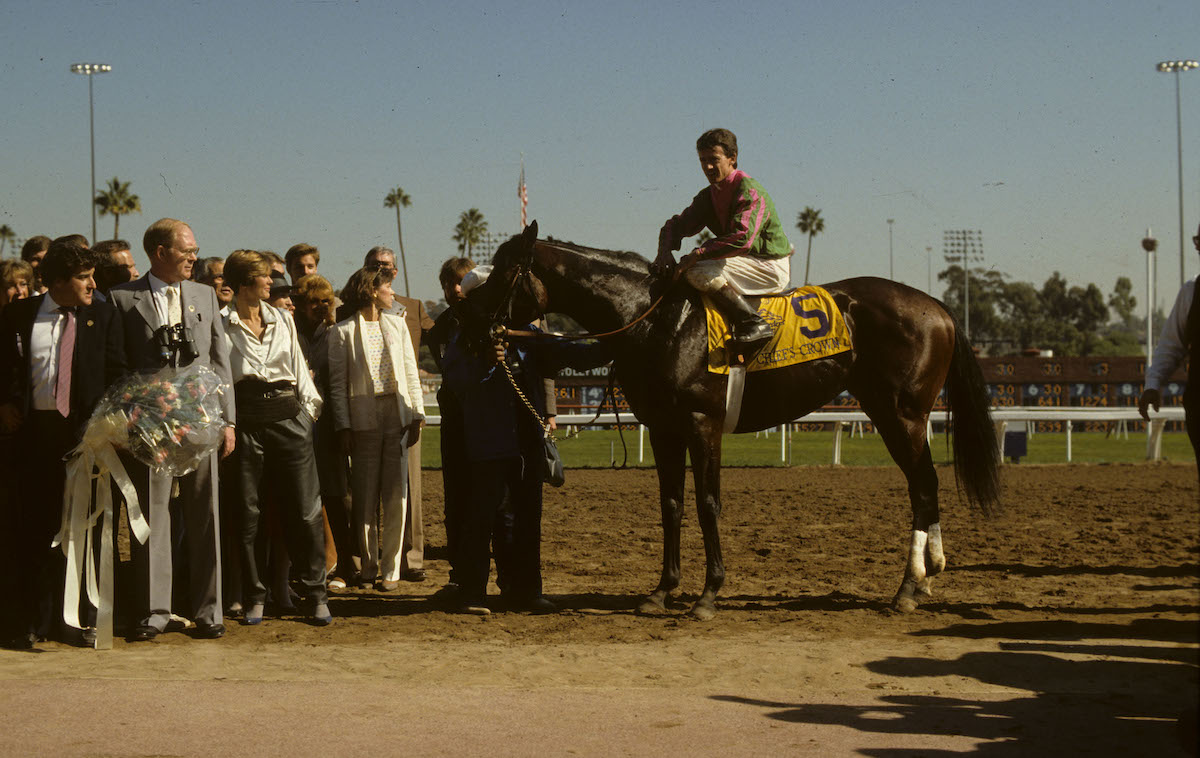 History makers: Chief’s Crown and jockey Don MacBeth with winning connections after the Breeders’ Cup Juvenile, the first Cup race at Hollywood Park in 1984. Photo: Breeders’ Cup