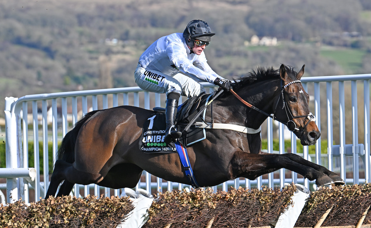 Final flight: Constitution Hill (Nico de Boinville) en route to a famous victory in the Champion Hurdle. Photo: Francesca Altoft / focusonracing.com