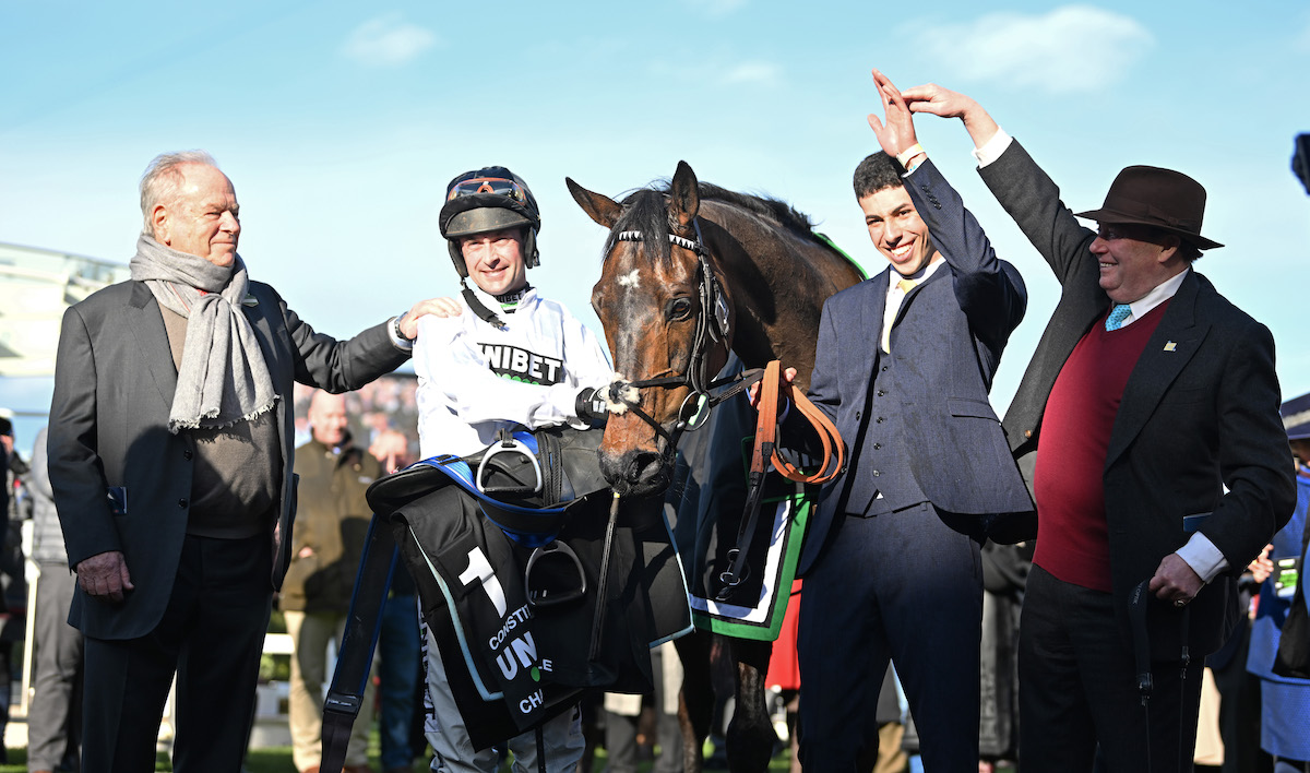 Team Constitution Hill: Michael Buckley (owner), Nico de Boinville (jockey), Constitution Hill, Jaydon Lee (lad), Nicky Henderson (trainer). Photo: Francesca Altoft / focusonracing.com