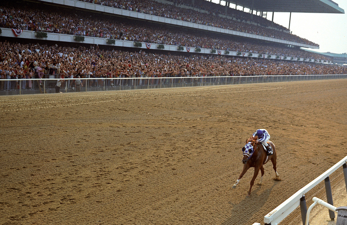 An immortal performance: Secretariat enters the annals with a 31-length Belmont Stakes romp under Ron Turcotte. Photo: Coglianese / NYRA