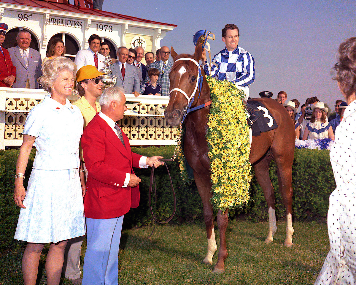 Secretariat and Ron Turcotte (with Penny Chenery far left, next to Lucien Laurin) after winning the Preakness. Photo: Jim McCue/Maryland Jockey Club