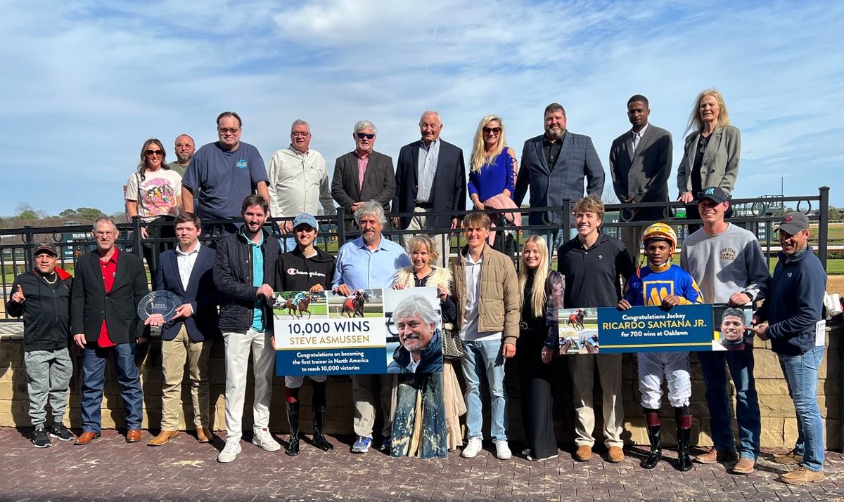 Landmark winner: Steve Asmussen celebrates his 10,000th winner at Oaklawn with friends and family in February 2023. Photo: Coady / Oaklawn 