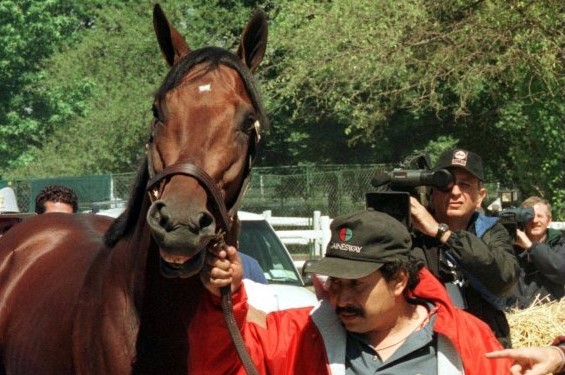 Real Quiet and groom Saul Gutierrez arrive at Belmont in the media spotlight (UPI photo)