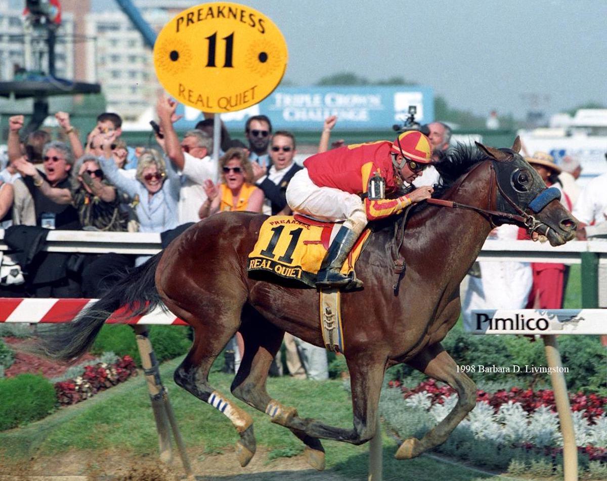 Real Quiet and Kent Desormeaux cruise to victory in the 1998 Preakness (Barbara Livingston photo)