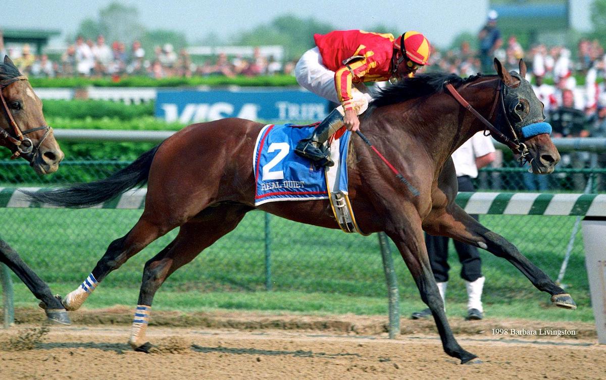 After a tough battle, Real Quiet holds Victory Gallop safe to win the 1998 Kentucky Derby (Barbara Livingston photo)