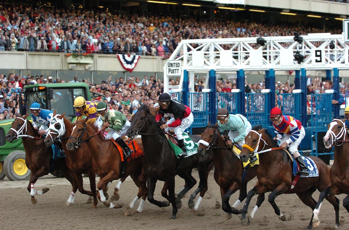 Smarty Jones breaks from the outside in the Belmont Stakes with history on the line. Photo: Coglianese