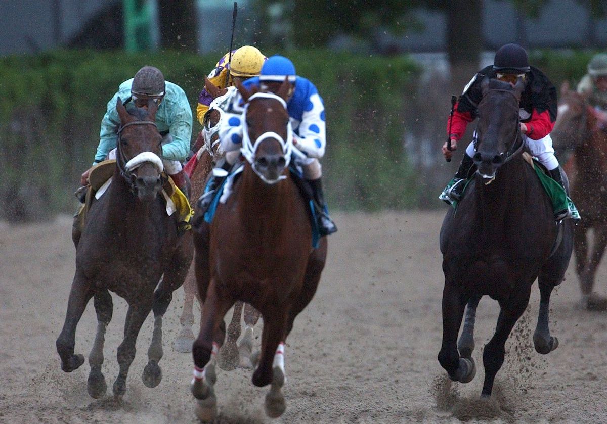 Smarty Jones leads Birdstone (left) and Rock Hard Ten (right) into the Belmont stretch. Photo: Coglianese