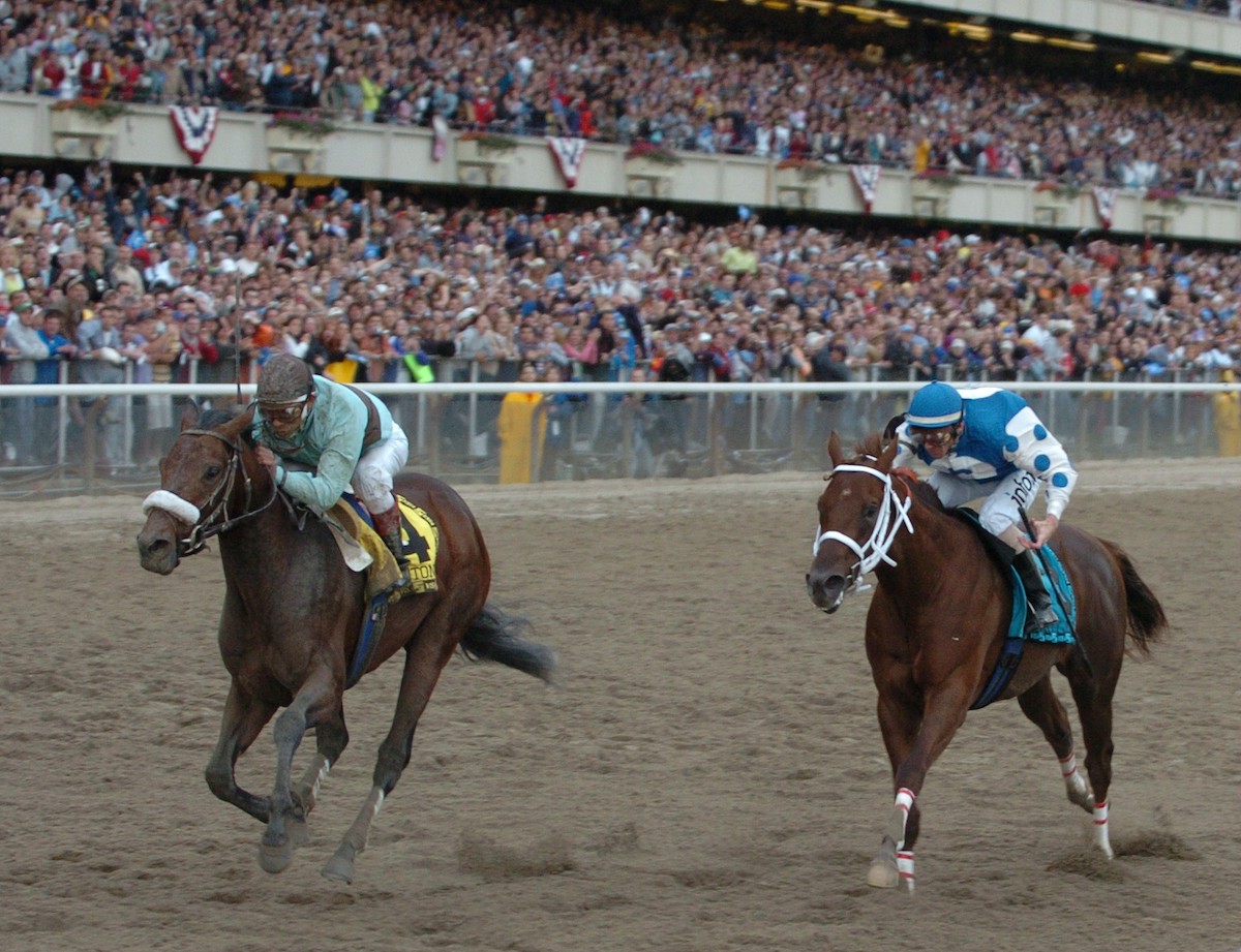 At the Belmont finish, it's Birdstone by a length – and Smarty Jones fans in tears. Photo: Coglianese