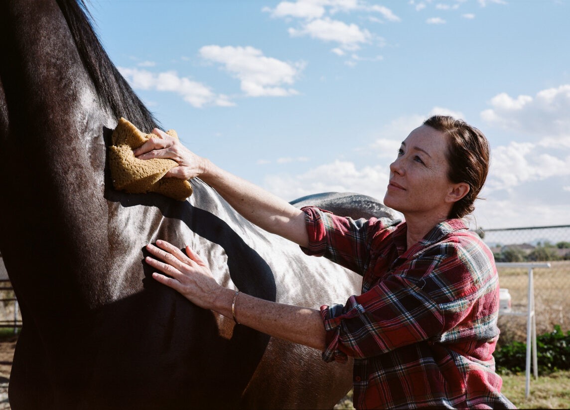 Molly Parker very much hands on as trainer Ruth Wilkes in Jockey. Photo: Sony Pictures