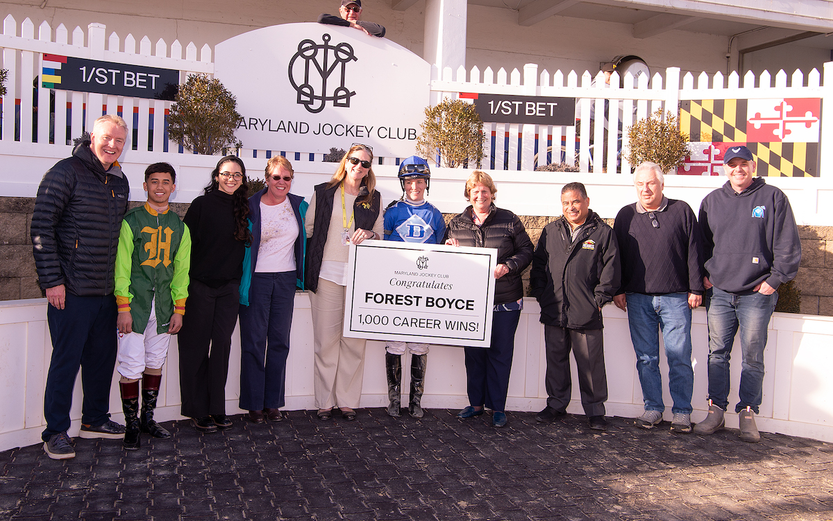 Forest Boyce celebrates 1,000th career win at Laurel. Photo: Maryland Jockey Club