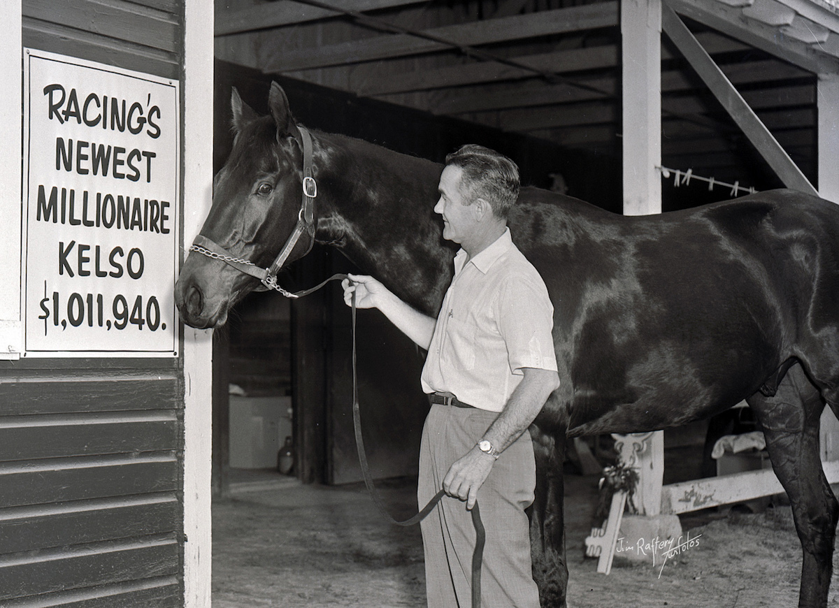 Kelso, the five-time Horse of the Year, with trainer Carl Hanford. Photo: Keeneland Library Raftery Turfotos Collection 