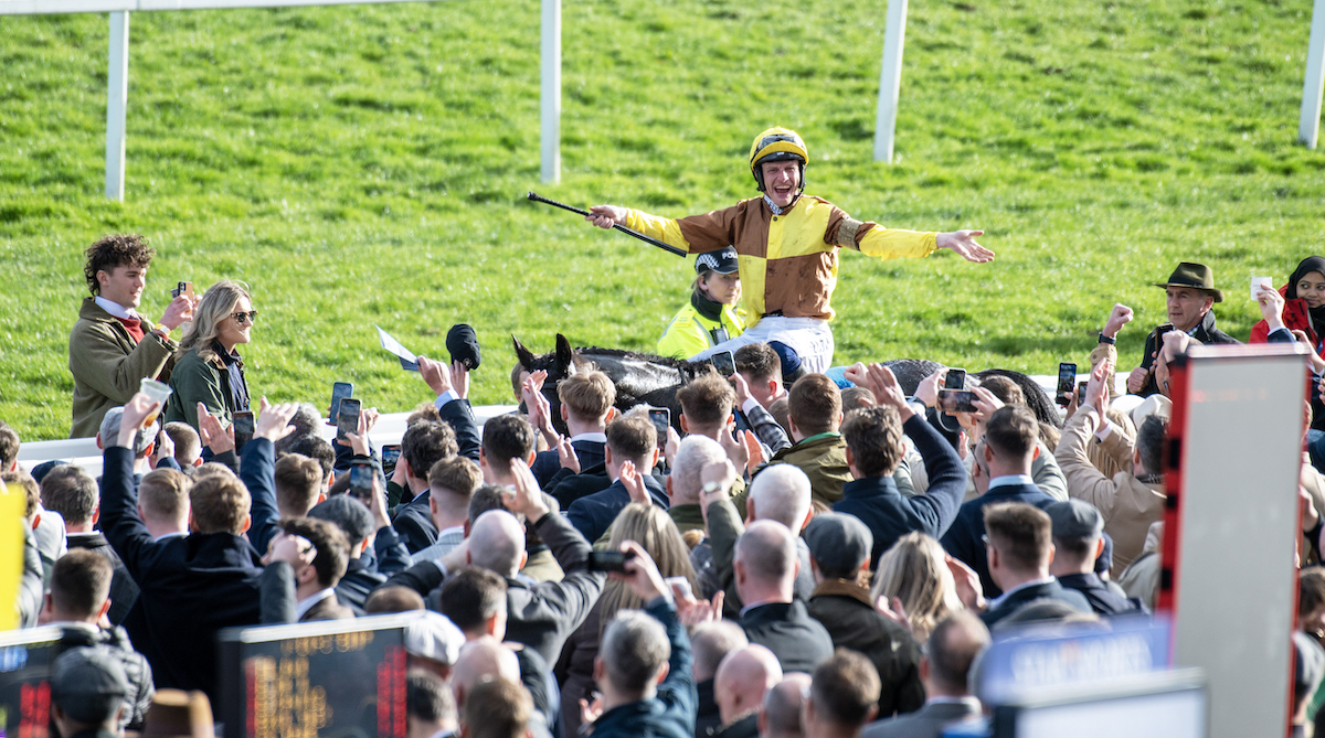 Jockey Paul Townend milks the applause on Galopin Des Champs after winning the Cheltenham Gold Cup. Photo: Hattie Austin/focusonracing.com