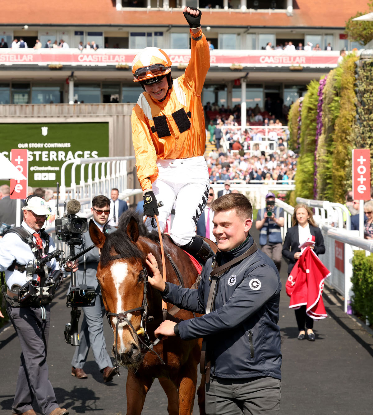 Breakthrough: Saffie Osborne celebrates her biggest success at home after Metier wins the Chester Cup in 2023. Photo: Dan Abraham / focusonracing.com