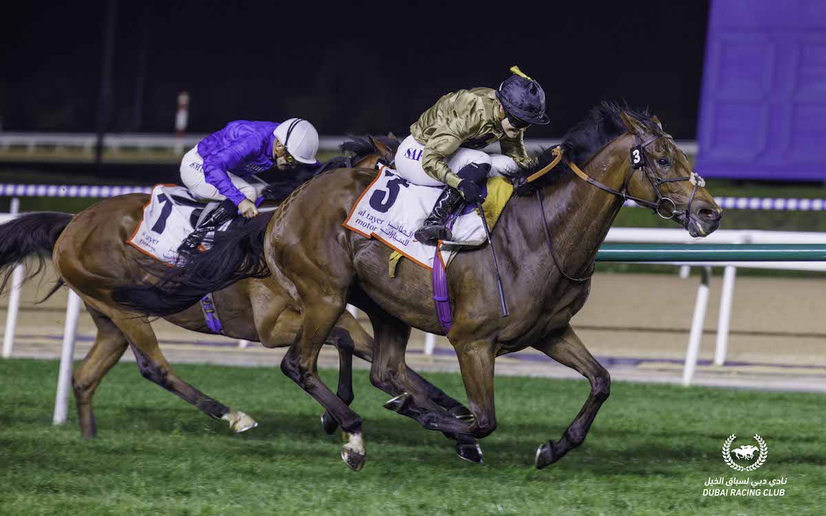 History maker: Saffie Osborne drives home Ouzo to score at Meydan in February, thereby becoming the first woman to ride a winner at the home of the Dubai World Cup. Photo: Dubai Racing Club