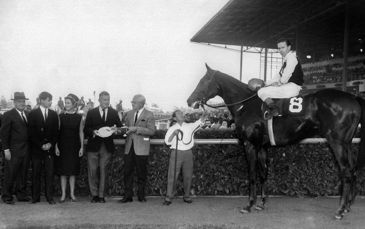 George Pope Jr., receives the Santa Anita Derby trophy after Hill Rise stamps his Kentucky ticket. Photo: Santa Anita