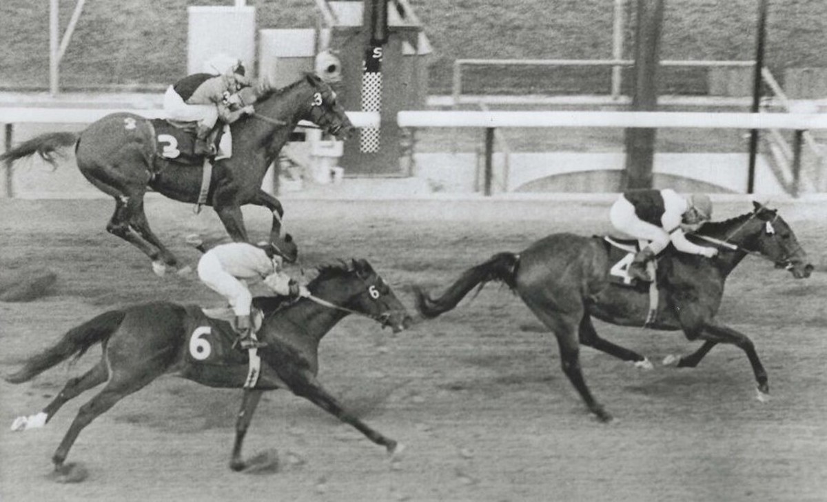 Hill Rise gets the best of Candy Spots (nearest rail) and George Royal in the 1965 Santa Anita Handicap. Photo: Santa Anita