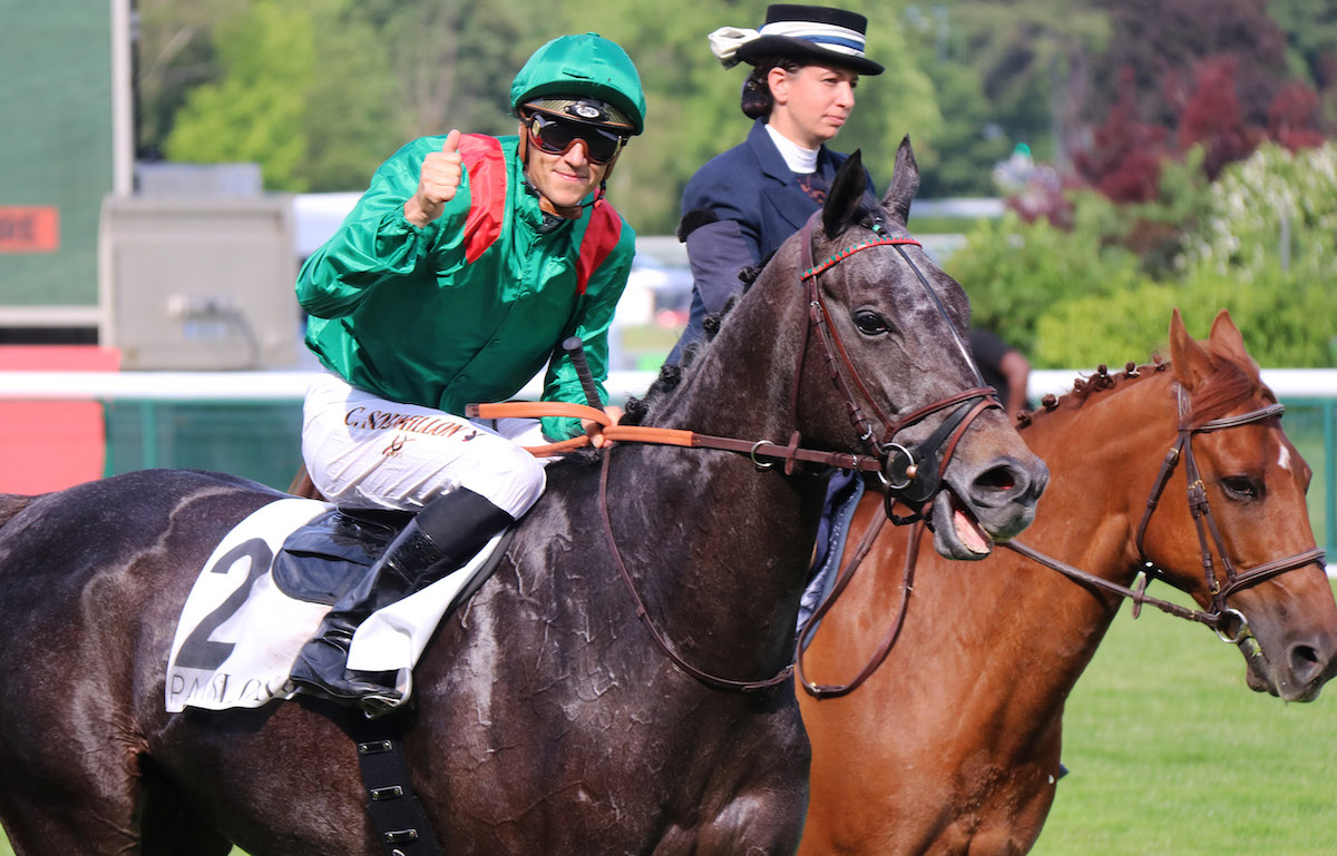 Former life: Thumbs up from jockey Christophe Soumillon after another big success in France for Vazirabad. Photo: focusonracing.com