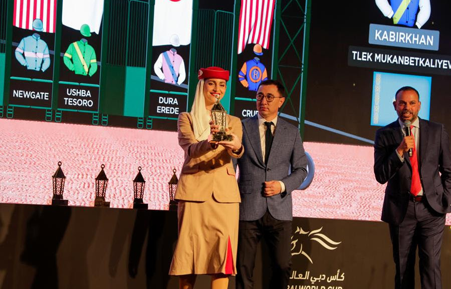 Kabirkhan’s owner Tlek Mukanbetkaliyev during the Dubai World Cup draw ceremony on Wednesday. Photo: Dubai Racing Club/Liesl King