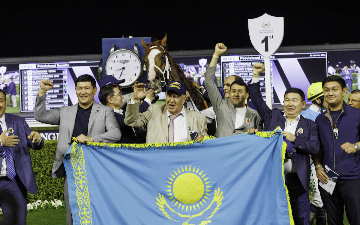 Flying the flag: Kabirkhan’s Kazakh connections celebrate victory in the G1 Al Maktoum Challenge. Photo: Dubai Racing Club