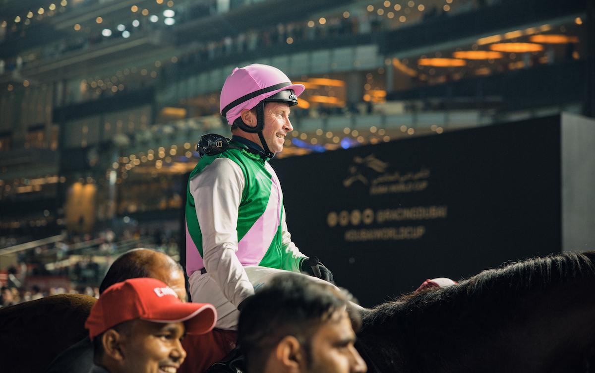 All smiles: 12-time UAE champion jockey Tadhg O’Shea after winning the Dubai World Cup on Laurel River. Photo: Dubai Racing Club