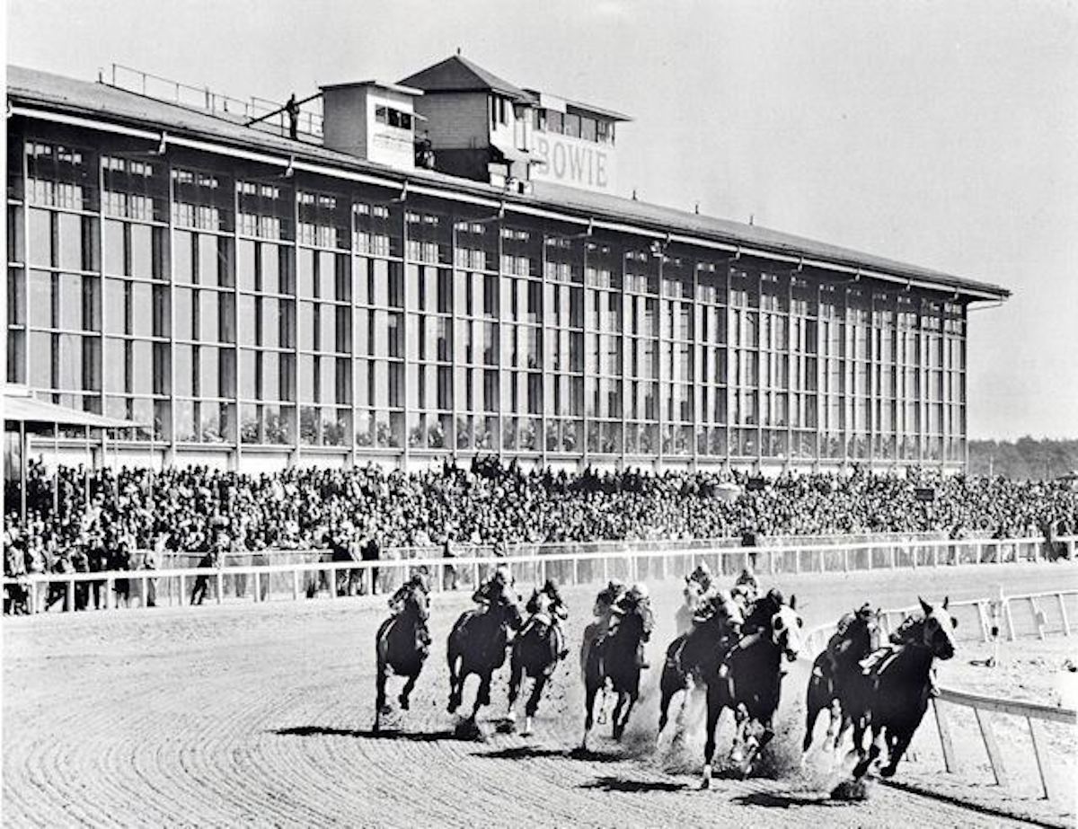 Round the clubhouse turn at Bowie Race Track, which closed in 1985. Photo: Maryland Jockey Club