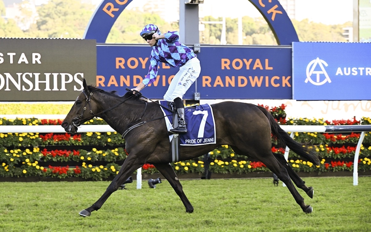 Tour de force: Declan Bates punches the air as Pride Of Jenni slams her Queen Elizabeth Stakes opponents. Photo: bradleyphotos.com.au