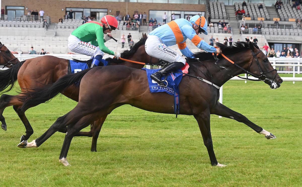 Letsbefrankaboutit wins the G3 Round Tower Stakes at the Curragh under Billy Lee. Photo: Healy Racing / focusonracing.com