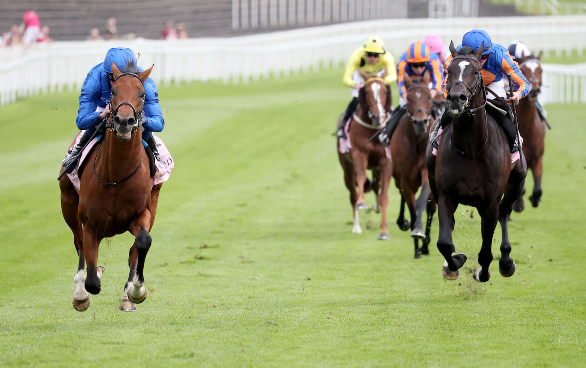 Hidden Law (William Buick, left) bounds away from Agenda to win the Chester Vase. Photo: Dan Abraham / focusonracing.com