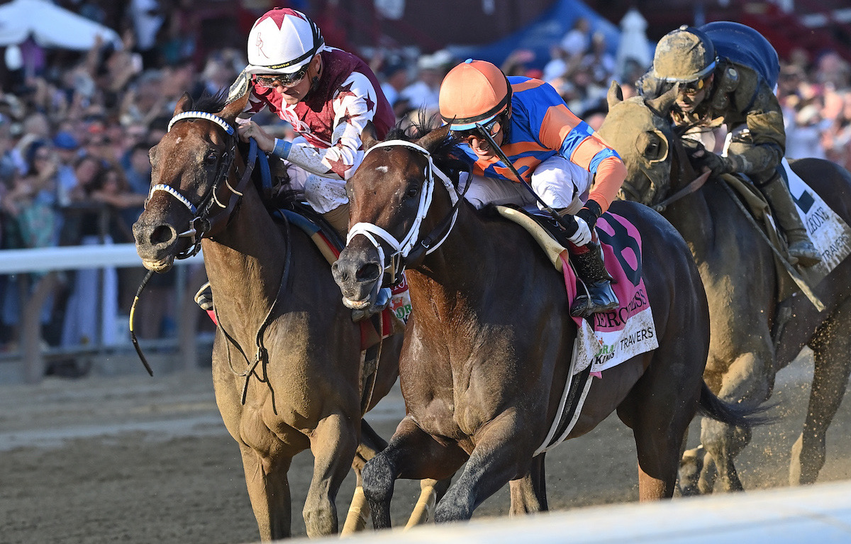 Finest hour: Fierceness (John Velazquez, near side), beats Thorpedo Anna in the Travers Stakes. Photo: NYRA/Angelo Lieto