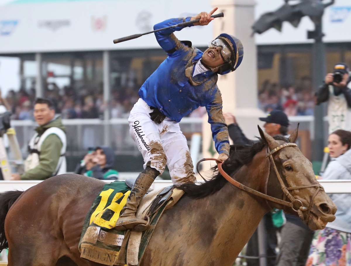 Junior Alvarado celebrates after winning on Sovereignty. Photo: Coady Media / Stephen Ibanez
