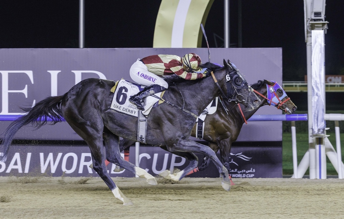 Heart Of Honor (Saffie Osborne, near side) is touched off by Japanese-trained Admire Daytona in the UAE Derby at Meydan. Photo: Dubai Racing Club / Liesl King