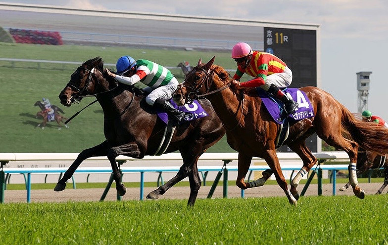 Redentor (far side) beats fellow Arc entry Byzantine Dream in the Tenno Sho (Spring) at Kyoto racecourse. Photo: JRA
